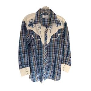 Vtg H Bar C Western Shirt Med Blue Plaid Pearl Snap Embroidered Lt Wt Ranchwear